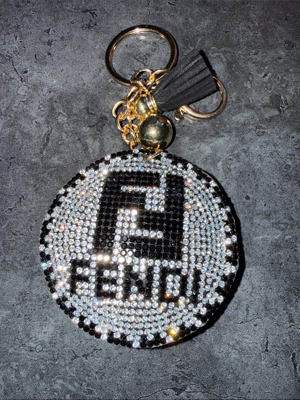 Lettered Crystal Logo Keyring in Black and Silver with Gold Hardware